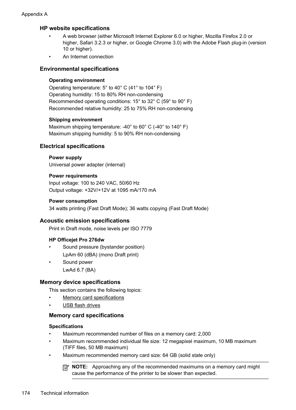 Hp website specifications, Environmental specifications, Electrical specifications | Acoustic emission specifications, Memory device specifications, Memory card specifications, See memory card specifications, E hp website specifications, E memory device specifications | HP Officejet Pro 276dw Multifunction Printer series User Manual | Page 178 / 260