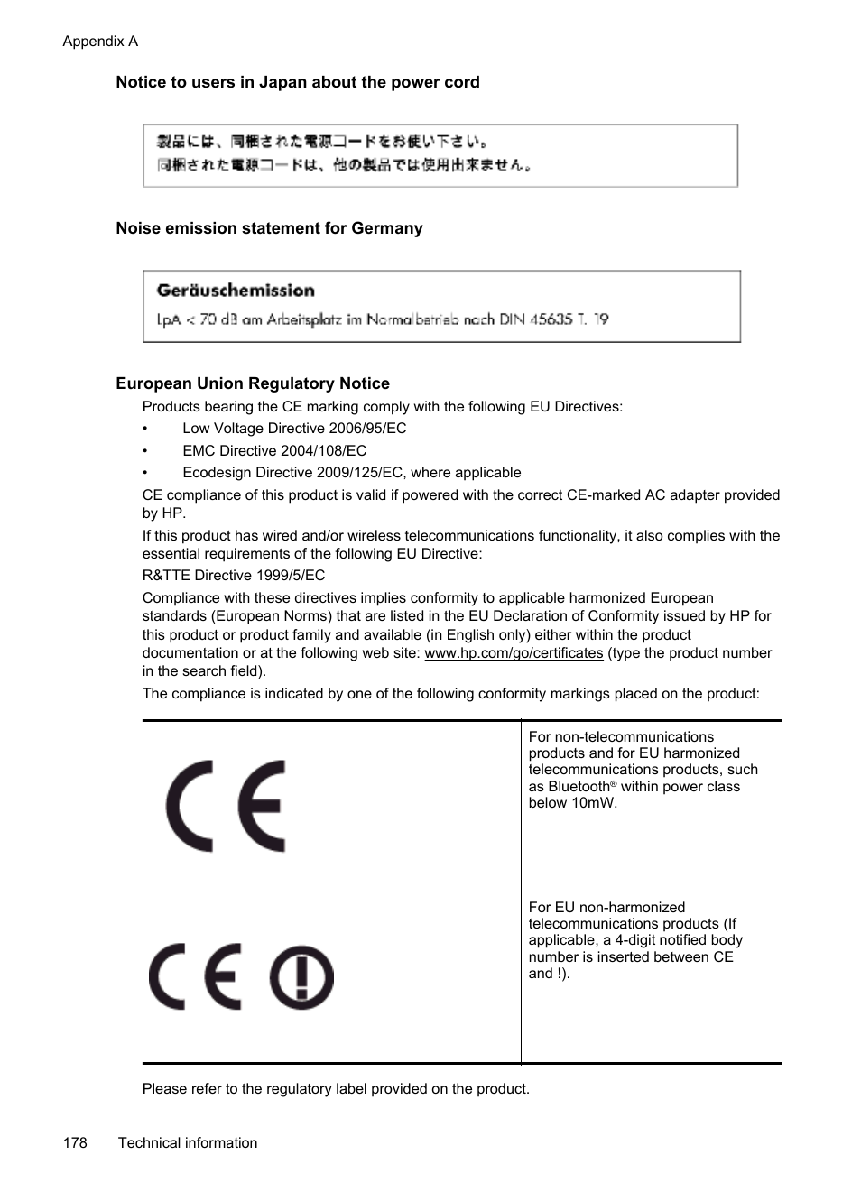 Notice to users in japan about the power cord, Noise emission statement for germany, European union regulatory notice | HP Officejet Pro 276dw Multifunction Printer series User Manual | Page 182 / 260
