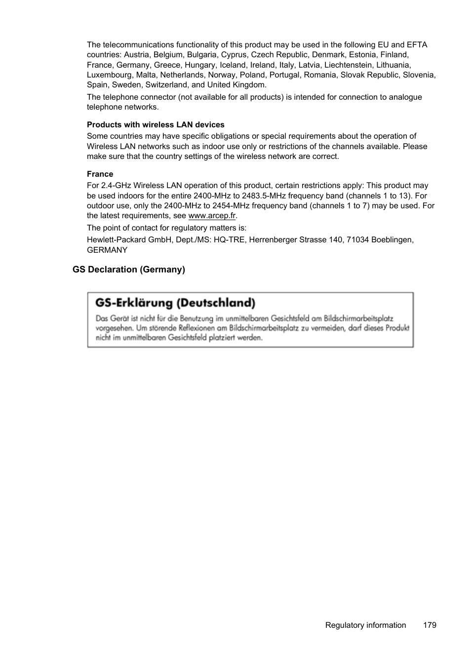 Gs declaration (germany) | HP Officejet Pro 276dw Multifunction Printer series User Manual | Page 183 / 260