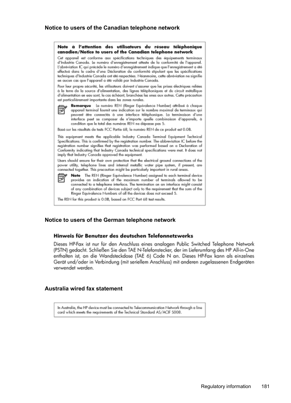 Notice to users of the canadian telephone network, Notice to users of the german telephone network, Australia wired fax statement | HP Officejet Pro 276dw Multifunction Printer series User Manual | Page 185 / 260