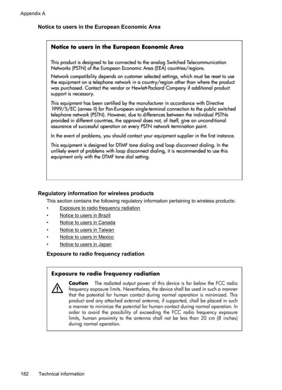 Notice to users in the european economic area, Regulatory information for wireless products, Exposure to radio frequency radiation | HP Officejet Pro 276dw Multifunction Printer series User Manual | Page 186 / 260