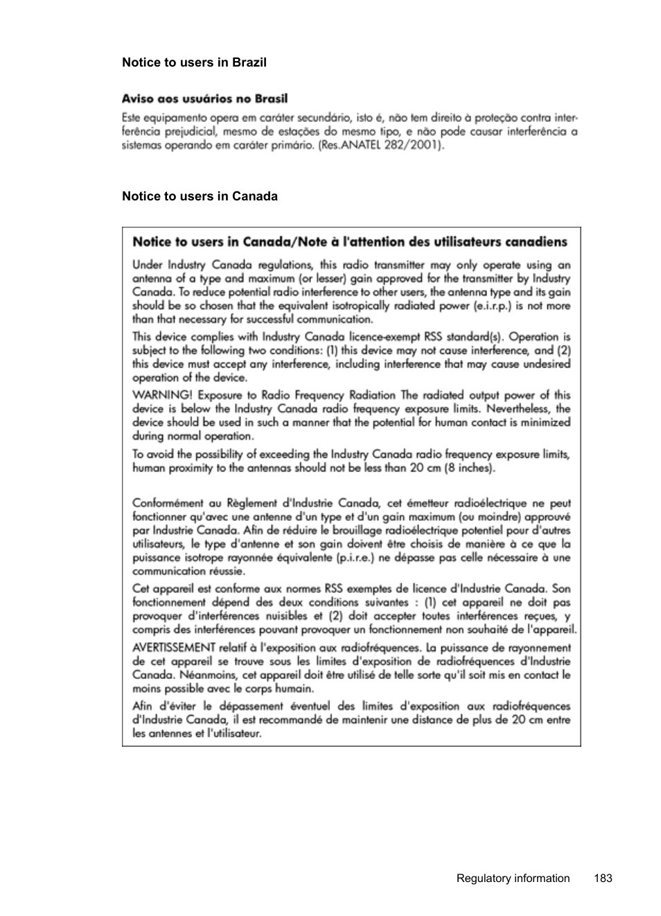 Notice to users in brazil, Notice to users in canada | HP Officejet Pro 276dw Multifunction Printer series User Manual | Page 187 / 260