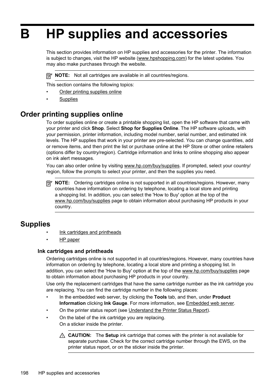 Hp supplies and accessories, Order printing supplies online, Supplies | Ink cartridges and printheads, Order printing supplies online supplies, Ink cartridges and printheads hp paper, E order printing supplies online, Bhp supplies and accessories | HP Officejet Pro 276dw Multifunction Printer series User Manual | Page 202 / 260