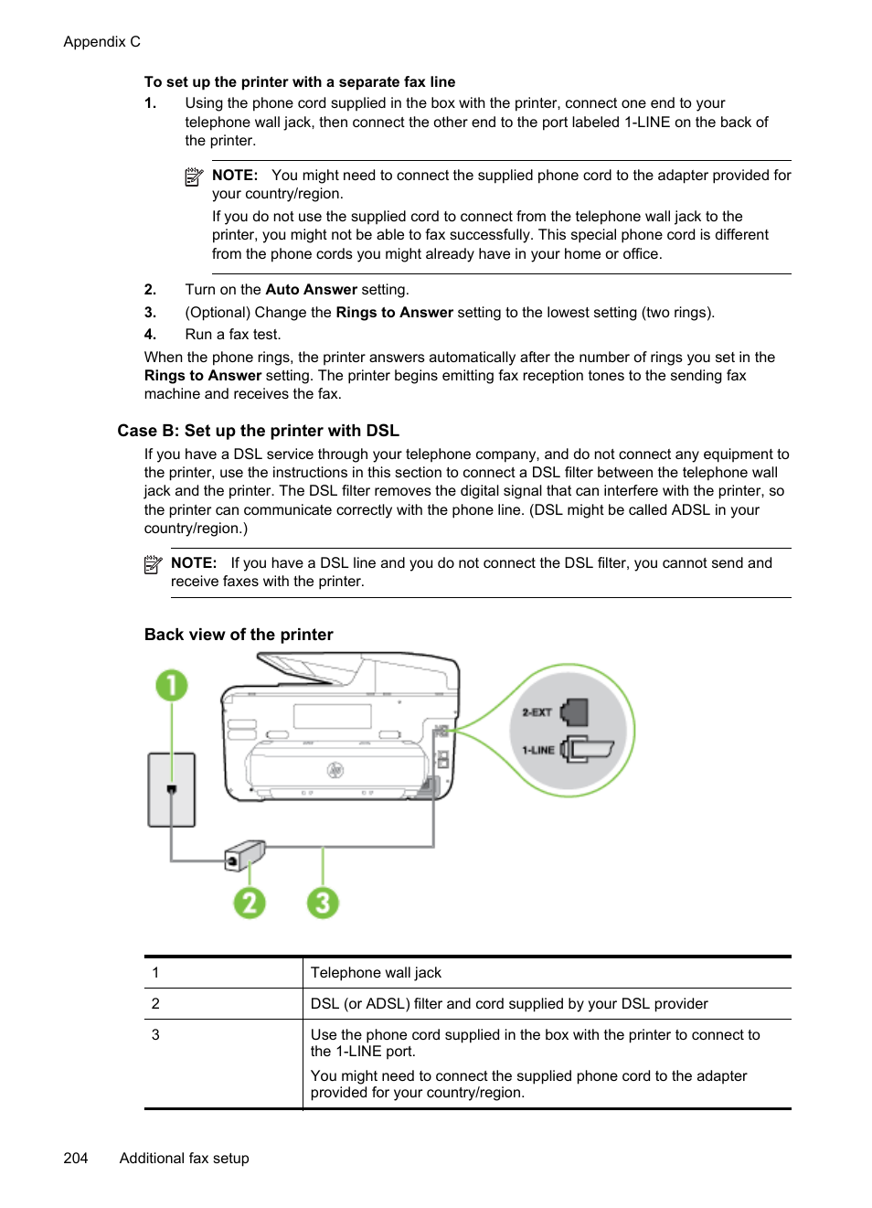 Case b: set up the printer with dsl | HP Officejet Pro 276dw Multifunction Printer series User Manual | Page 208 / 260