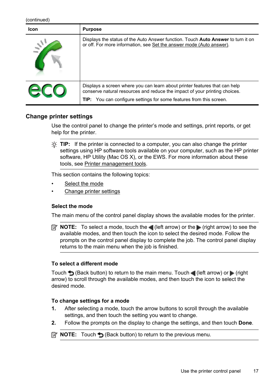 Change printer settings, Select the mode | HP Officejet Pro 276dw Multifunction Printer series User Manual | Page 21 / 260