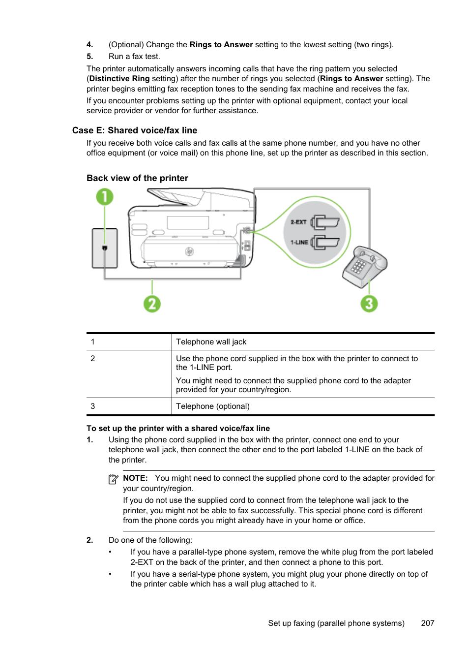 Case e: shared voice/fax line | HP Officejet Pro 276dw Multifunction Printer series User Manual | Page 211 / 260