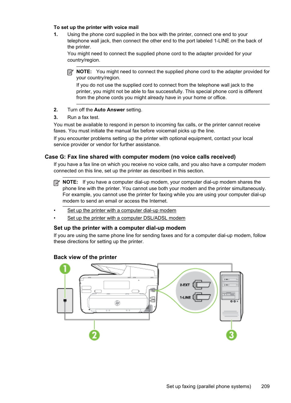 Set up the printer with a computer dial-up modem | HP Officejet Pro 276dw Multifunction Printer series User Manual | Page 213 / 260