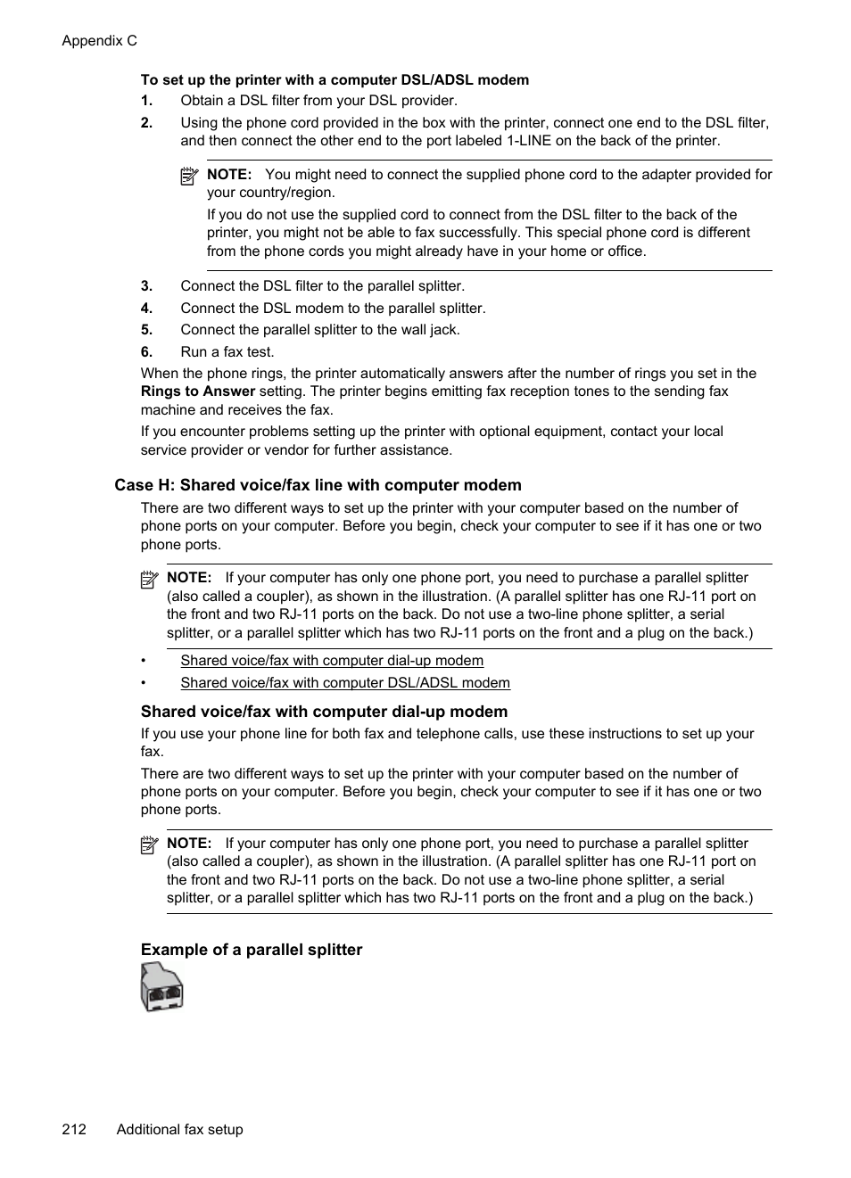 Case h: shared voice/fax line with computer modem, Shared voice/fax with computer dial-up modem | HP Officejet Pro 276dw Multifunction Printer series User Manual | Page 216 / 260