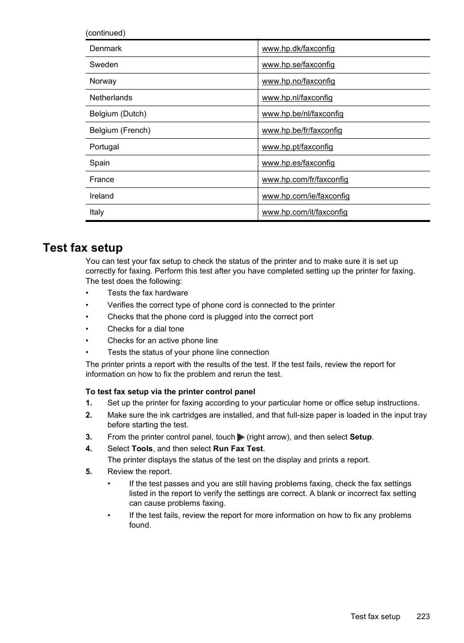 Test fax setup, E test fax setup | HP Officejet Pro 276dw Multifunction Printer series User Manual | Page 227 / 260