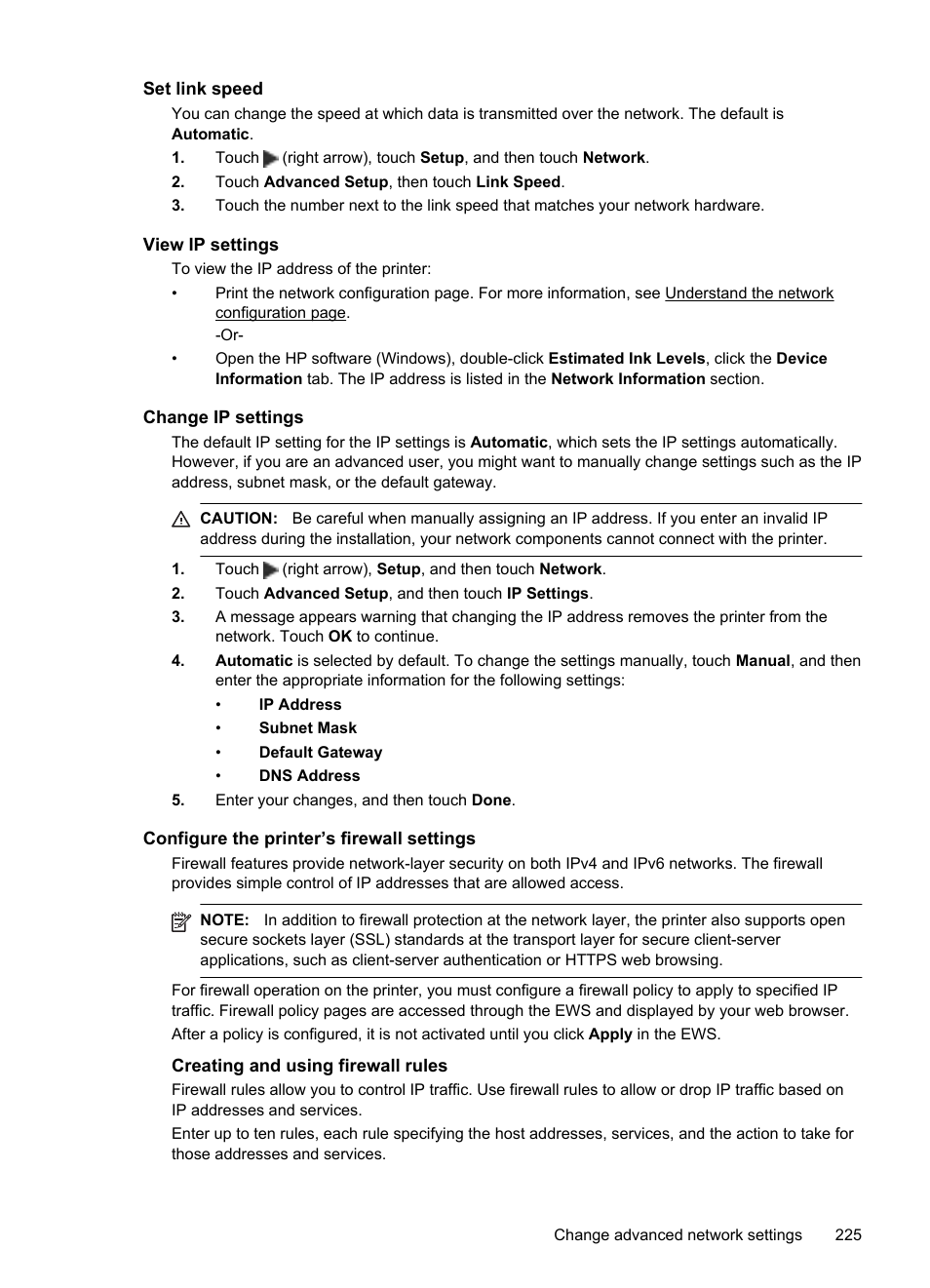 Set link speed, View ip settings, Change ip settings | Configure the printer’s firewall settings, Creating and using firewall rules | HP Officejet Pro 276dw Multifunction Printer series User Manual | Page 229 / 260