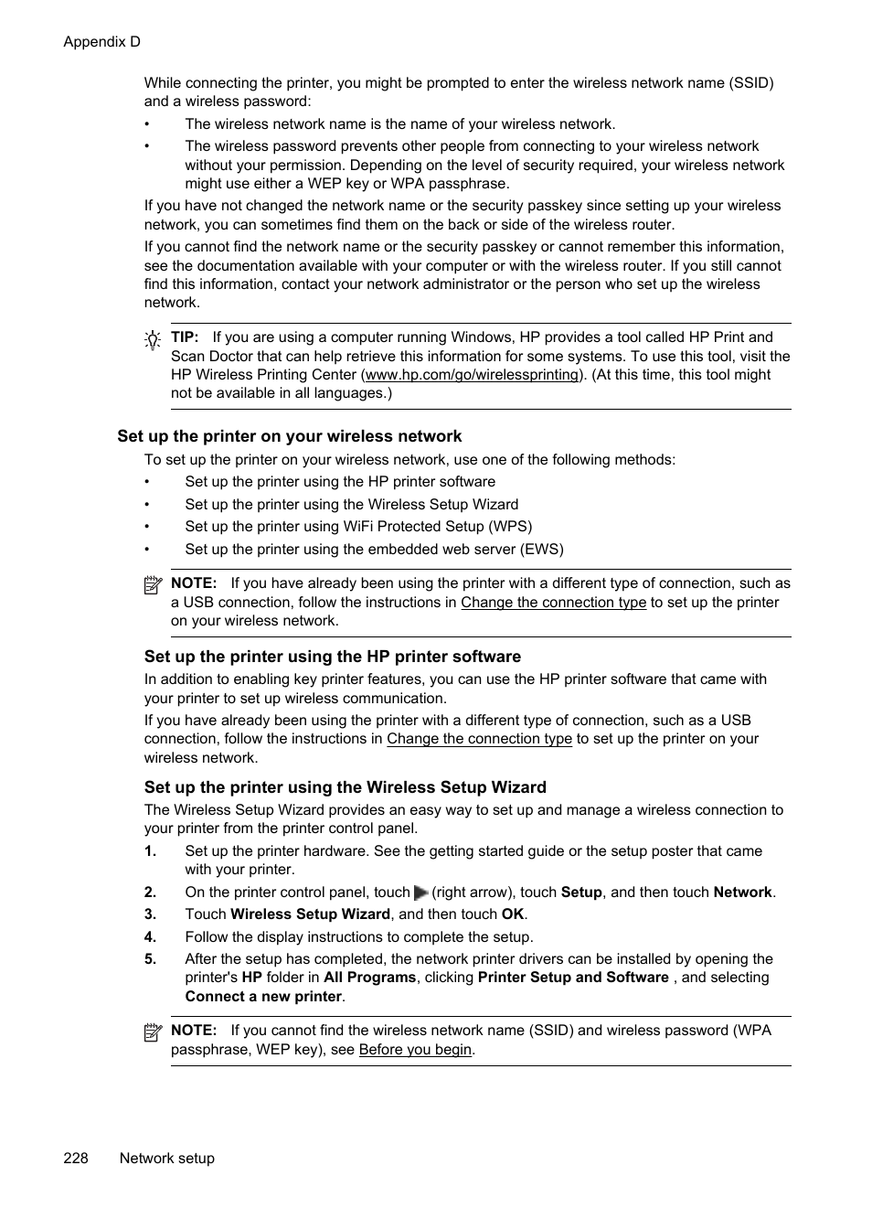 Set up the printer on your wireless network, Set up the printer using the hp printer software, Set up the printer using the wireless setup wizard | HP Officejet Pro 276dw Multifunction Printer series User Manual | Page 232 / 260
