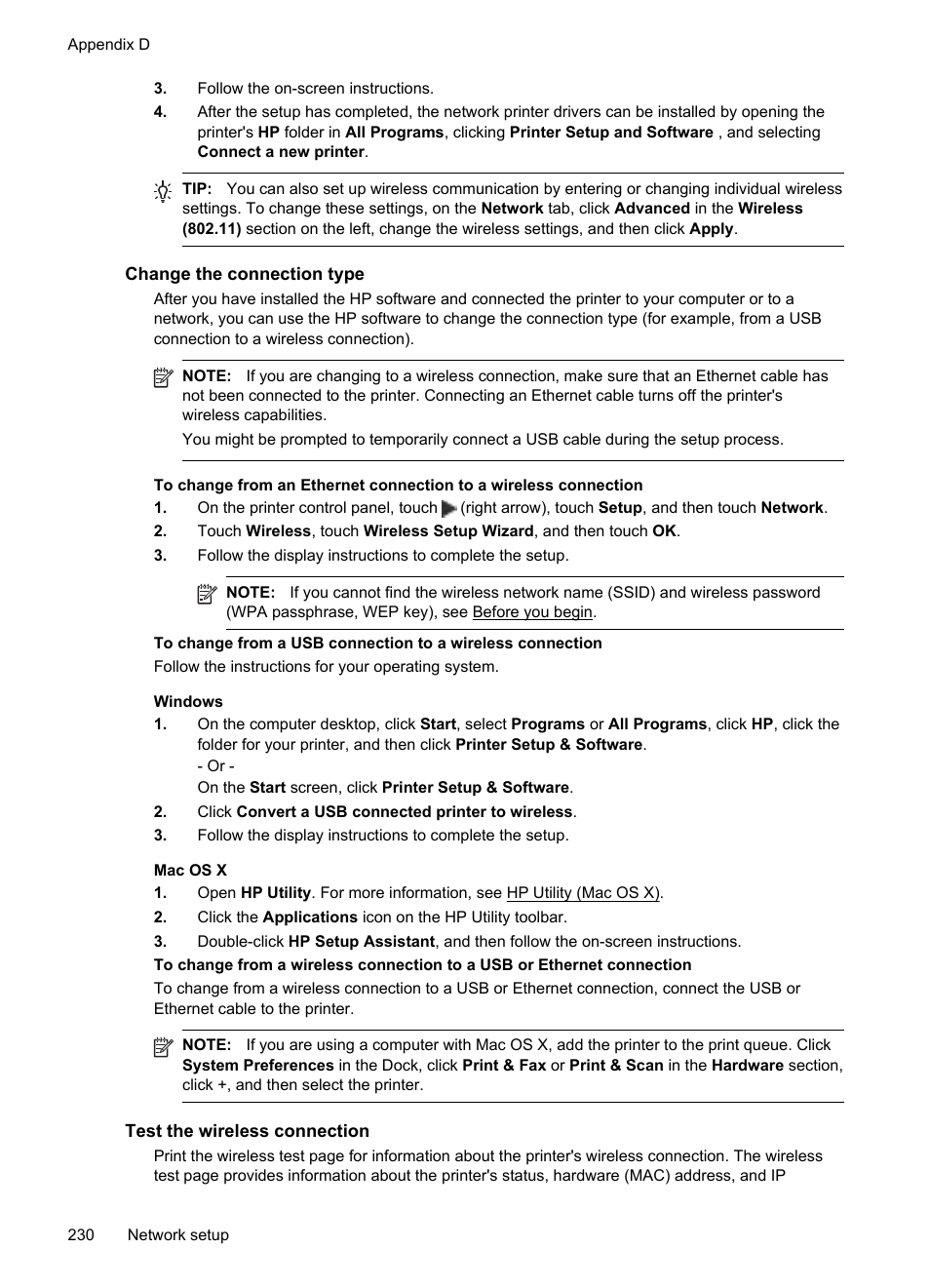 Change the connection type, Test the wireless connection | HP Officejet Pro 276dw Multifunction Printer series User Manual | Page 234 / 260