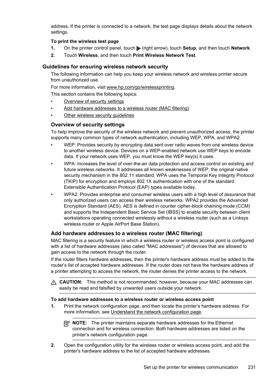 Guidelines for ensuring wireless network security, Overview of security settings | HP Officejet Pro 276dw Multifunction Printer series User Manual | Page 235 / 260