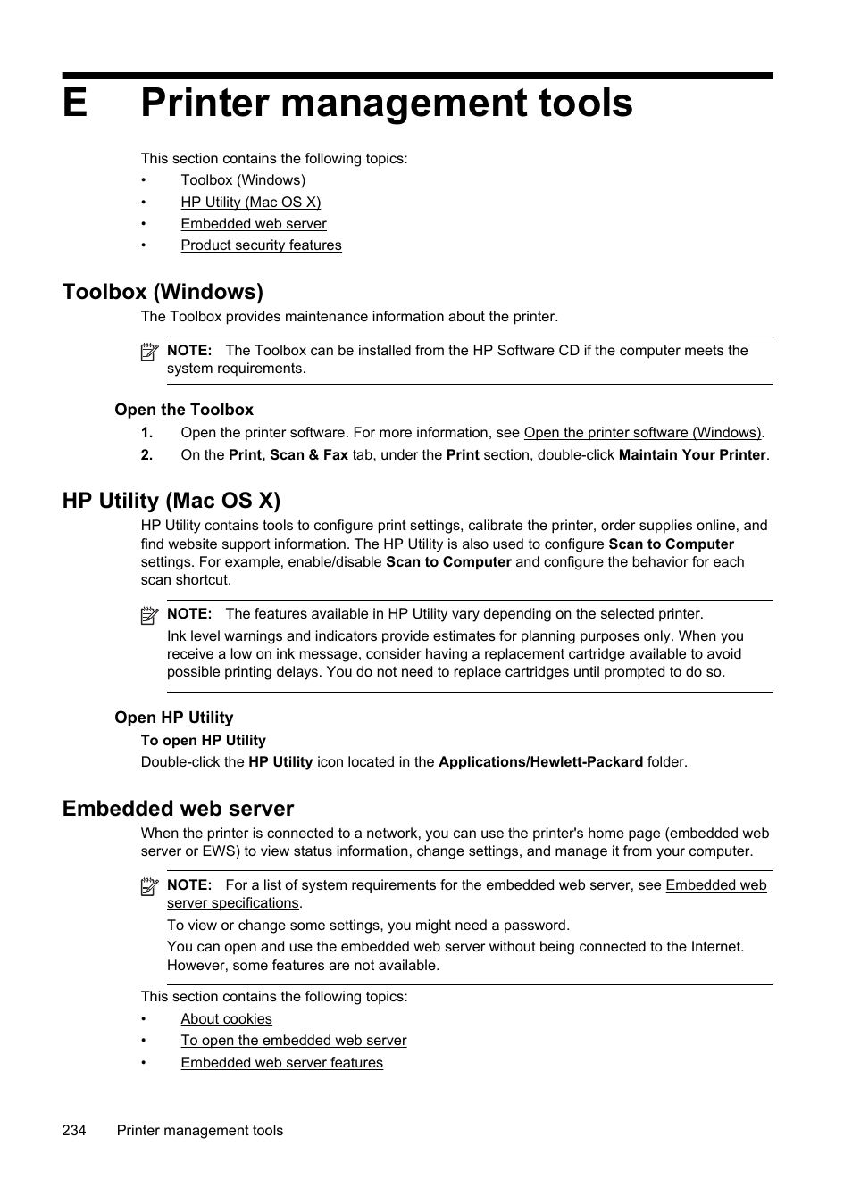 Printer management tools, Toolbox (windows), Hp utility (mac os x) | Embedded web server, About cookies, See printer management tools, E embedded web server, E printer management tools, Hp utility (mac os x). u, See open the toolbox | HP Officejet Pro 276dw Multifunction Printer series User Manual | Page 238 / 260