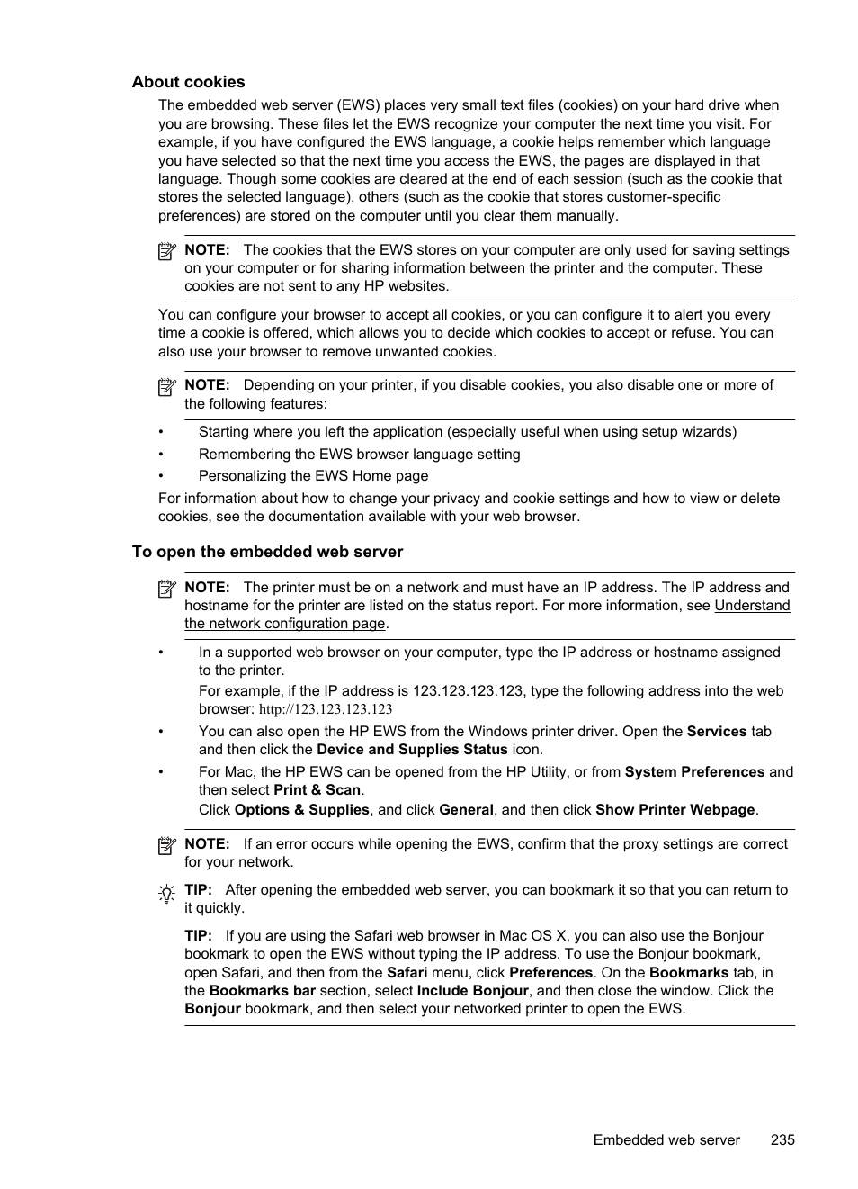 About cookies, To open the embedded web server | HP Officejet Pro 276dw Multifunction Printer series User Manual | Page 239 / 260