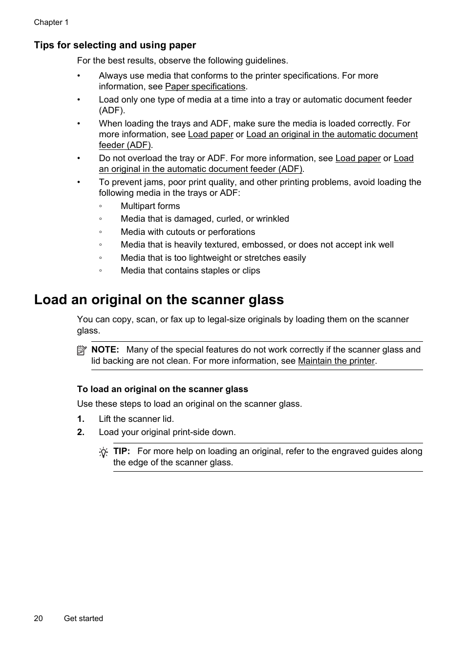 Tips for selecting and using paper, Load an original on the scanner glass | HP Officejet Pro 276dw Multifunction Printer series User Manual | Page 24 / 260