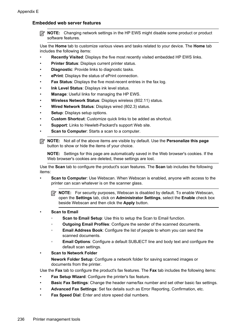 Embedded web server features | HP Officejet Pro 276dw Multifunction Printer series User Manual | Page 240 / 260