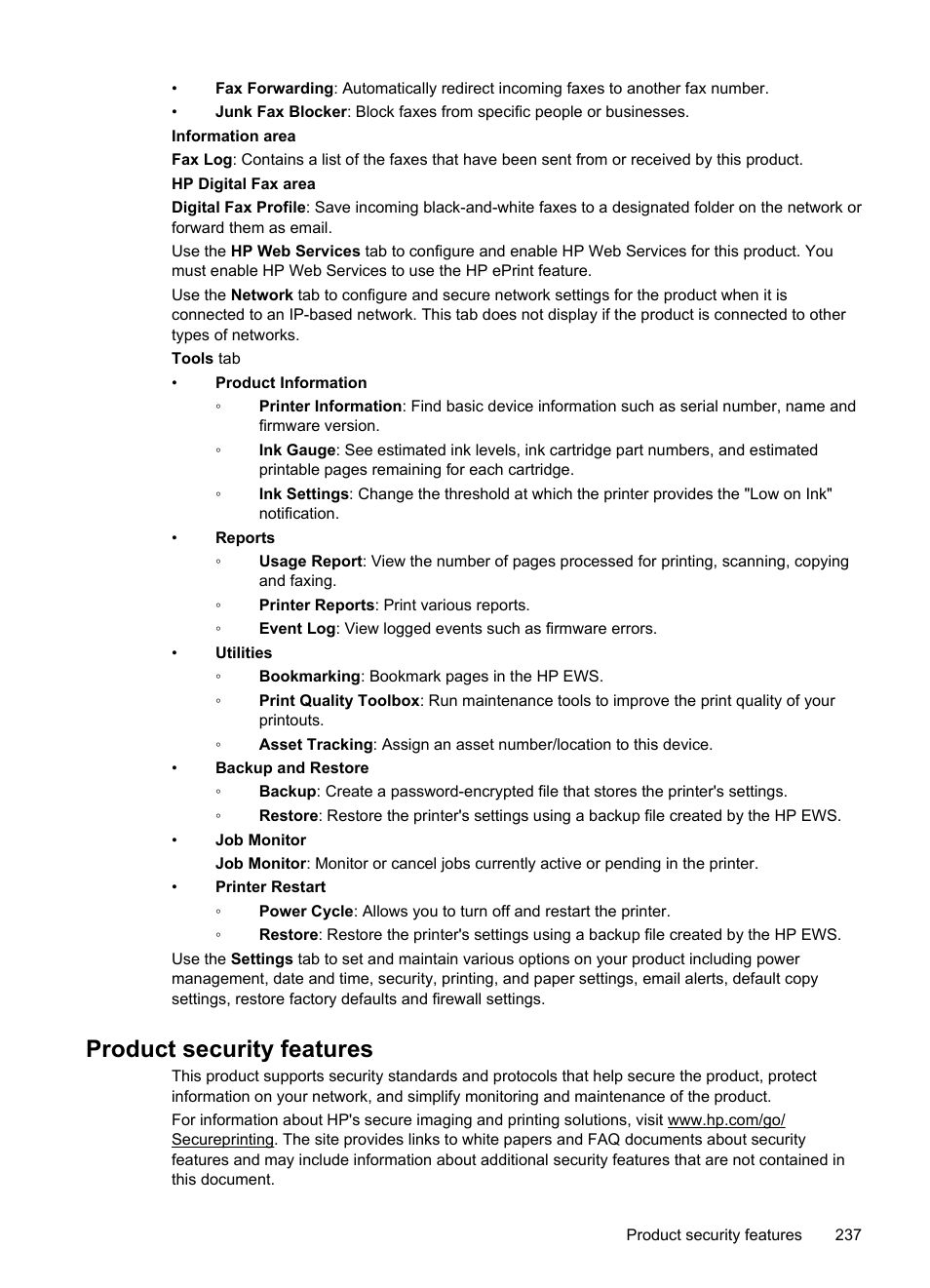 Product security features | HP Officejet Pro 276dw Multifunction Printer series User Manual | Page 241 / 260