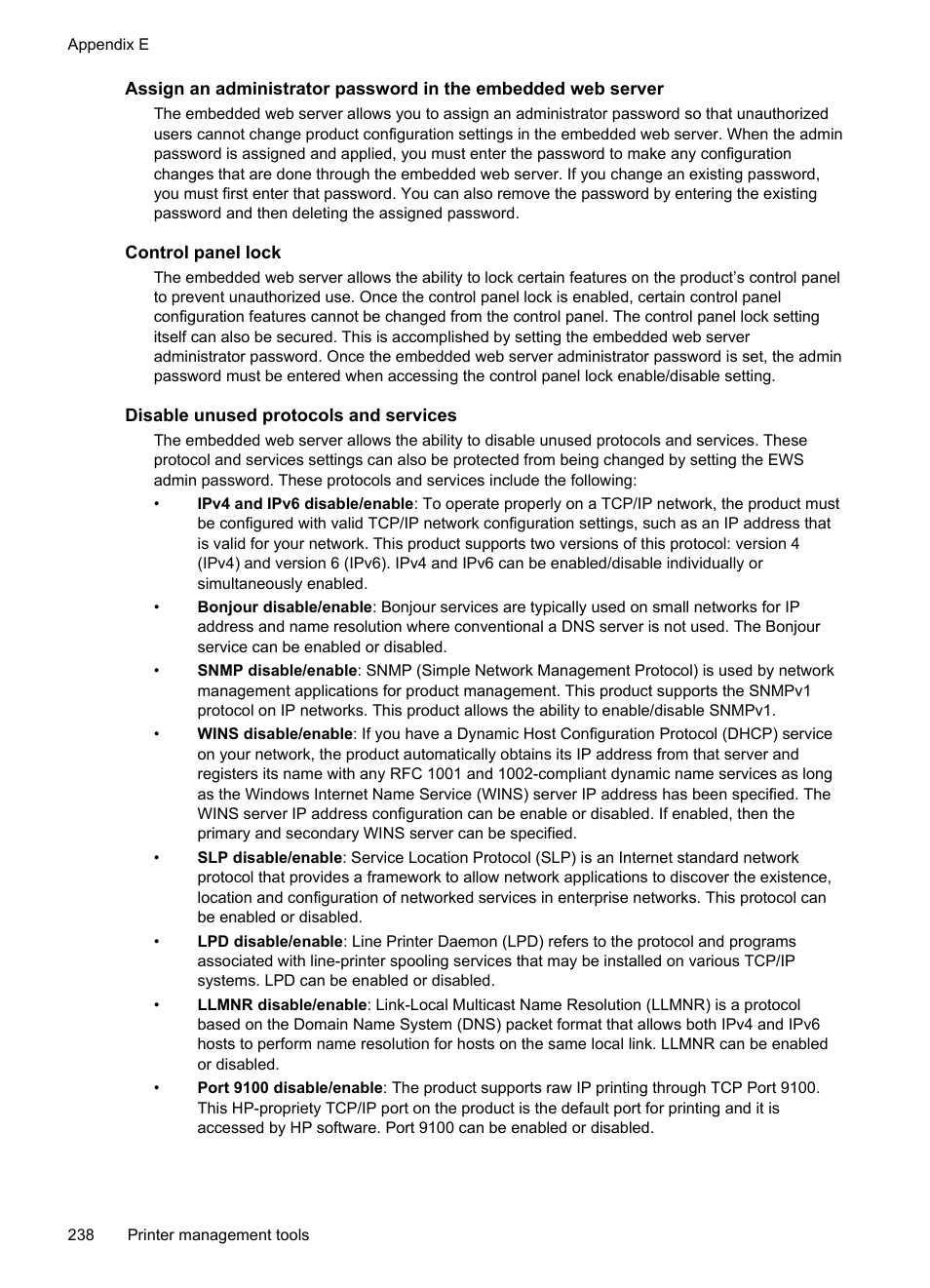 Control panel lock, Disable unused protocols and services | HP Officejet Pro 276dw Multifunction Printer series User Manual | Page 242 / 260