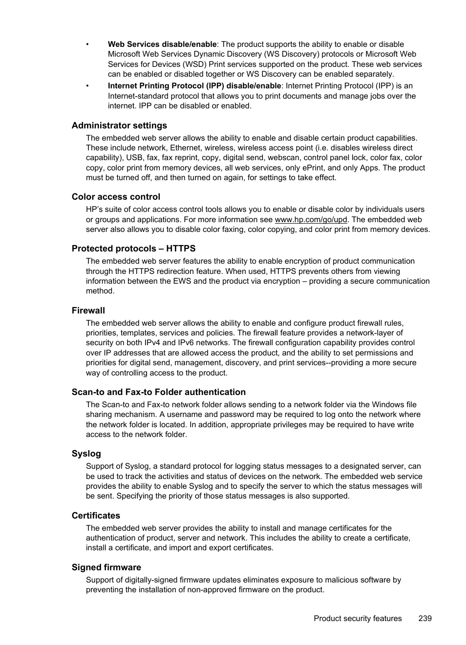Administrator settings, Color access control, Protected protocols – https | Firewall, Scan-to and fax-to folder authentication, Syslog, Certificates, Signed firmware | HP Officejet Pro 276dw Multifunction Printer series User Manual | Page 243 / 260