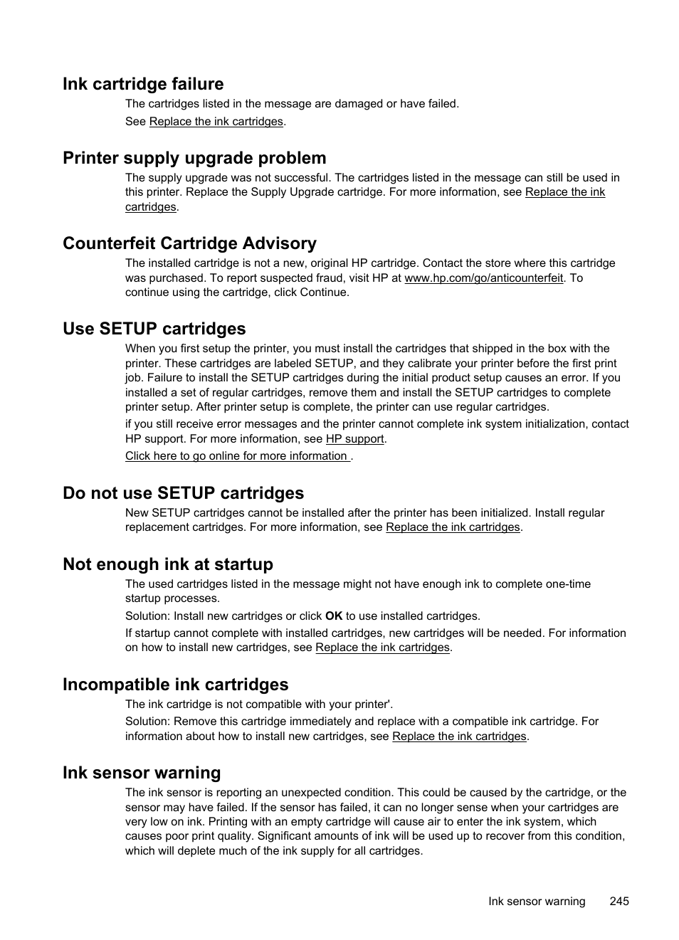 Ink cartridge failure, Printer supply upgrade problem, Counterfeit cartridge advisory | Use setup cartridges, Do not use setup cartridges, Not enough ink at startup, Incompatible ink cartridges, Ink sensor warning | HP Officejet Pro 276dw Multifunction Printer series User Manual | Page 249 / 260