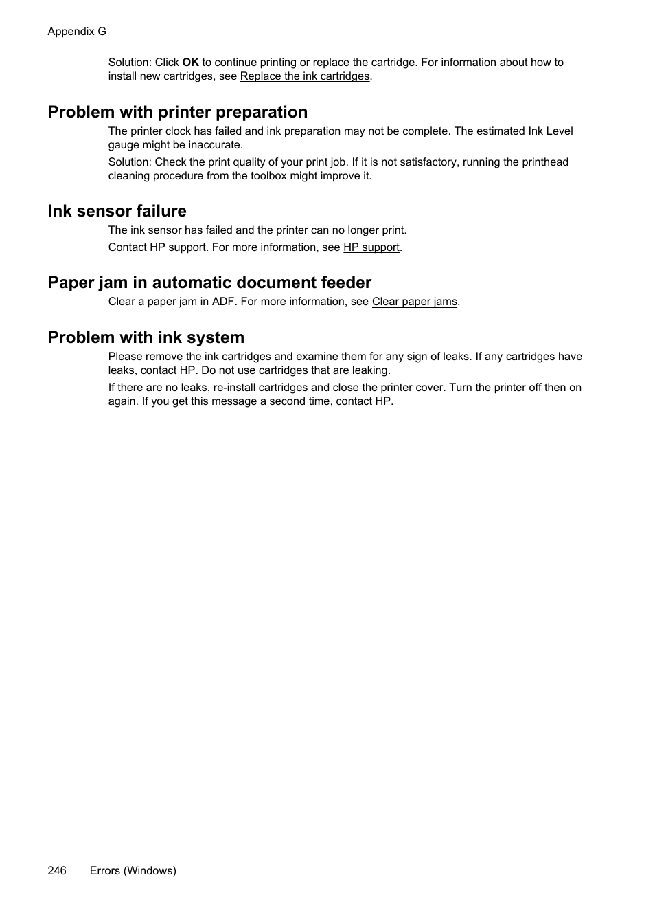 Problem with printer preparation, Ink sensor failure, Paper jam in automatic document feeder | Problem with ink system | HP Officejet Pro 276dw Multifunction Printer series User Manual | Page 250 / 260