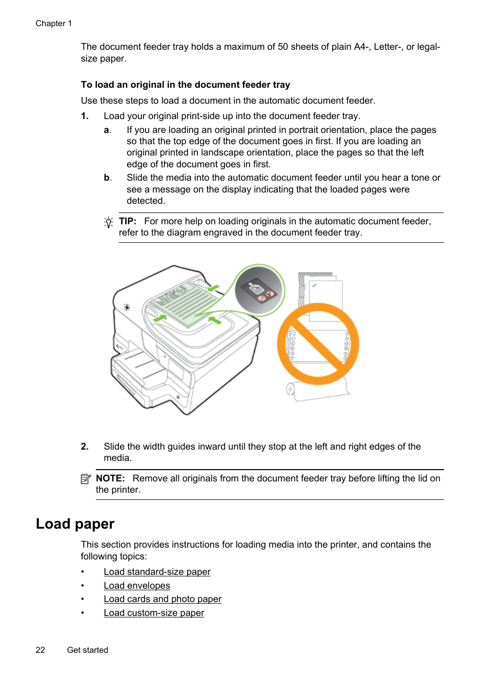 Load paper, Oad standard-size paper, Oad envelopes | Oad cards and photo paper, Oad custom-size paper, E load paper | HP Officejet Pro 276dw Multifunction Printer series User Manual | Page 26 / 260