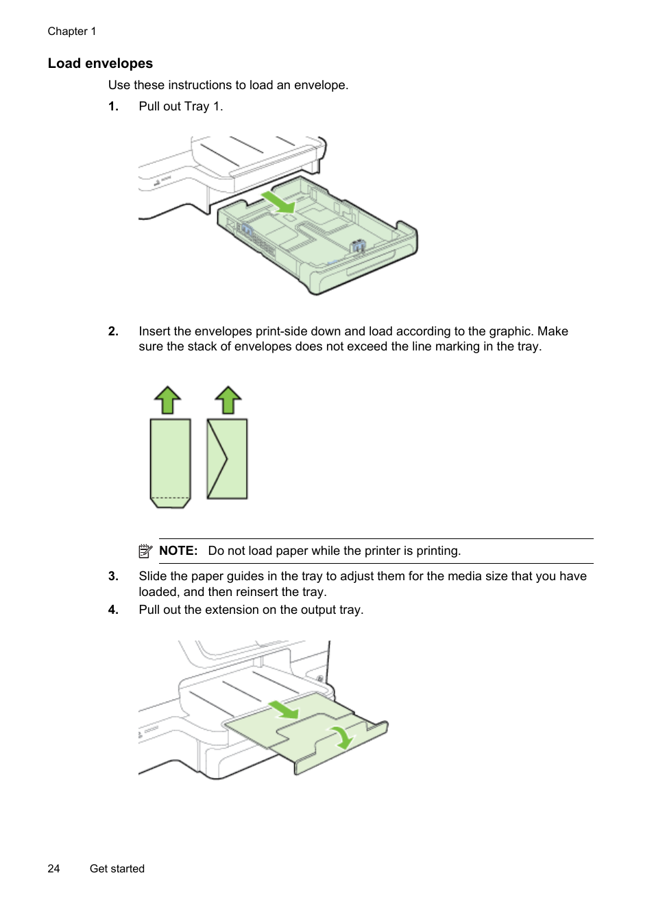 Load envelopes | HP Officejet Pro 276dw Multifunction Printer series User Manual | Page 28 / 260