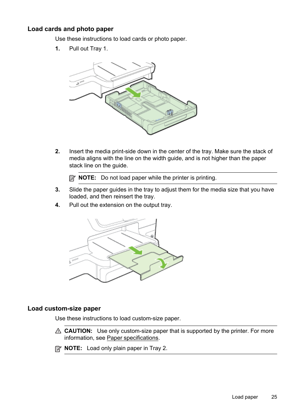 Load cards and photo paper, Load custom-size paper | HP Officejet Pro 276dw Multifunction Printer series User Manual | Page 29 / 260