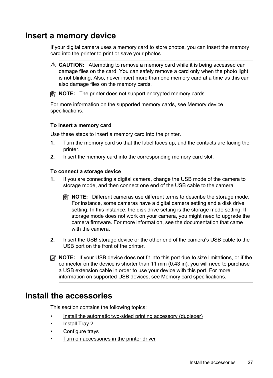 Insert a memory device, Install the accessories, Insert a memory device install the accessories | Nstall tray 2 configure trays, Urn on accessories in the printer driver | HP Officejet Pro 276dw Multifunction Printer series User Manual | Page 31 / 260