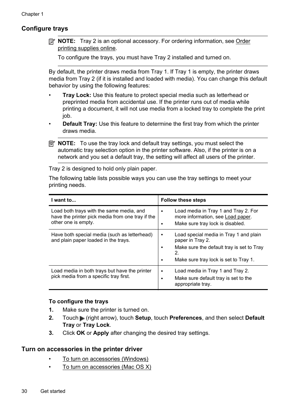 Configure trays, Turn on accessories in the printer driver | HP Officejet Pro 276dw Multifunction Printer series User Manual | Page 34 / 260