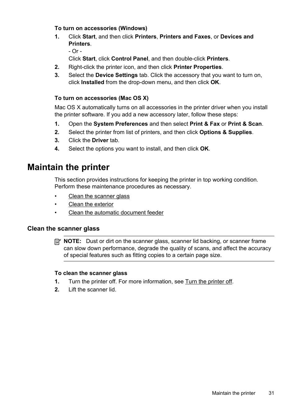 To turn on accessories (windows), To turn on accessories (mac os x), Maintain the printer | Clean the scanner glass, See maintain the printer | HP Officejet Pro 276dw Multifunction Printer series User Manual | Page 35 / 260