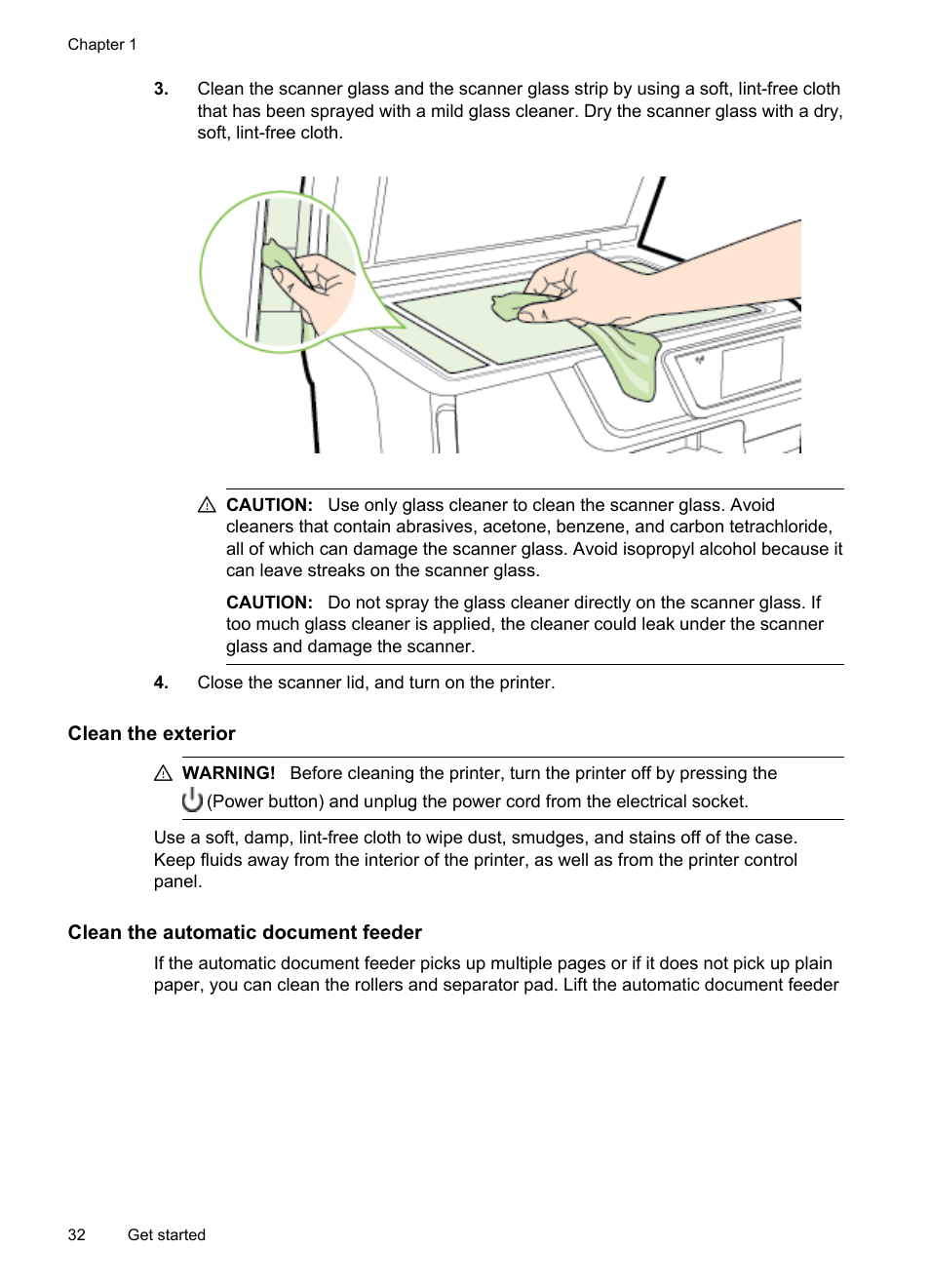 Clean the exterior, Clean the automatic document feeder | HP Officejet Pro 276dw Multifunction Printer series User Manual | Page 36 / 260