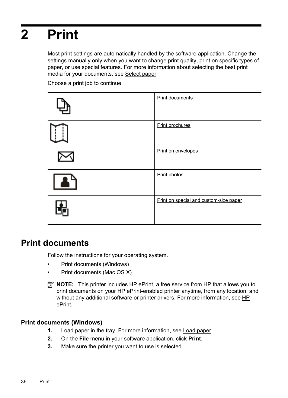 Print, Print documents, Print documents (windows) | 2print | HP Officejet Pro 276dw Multifunction Printer series User Manual | Page 40 / 260