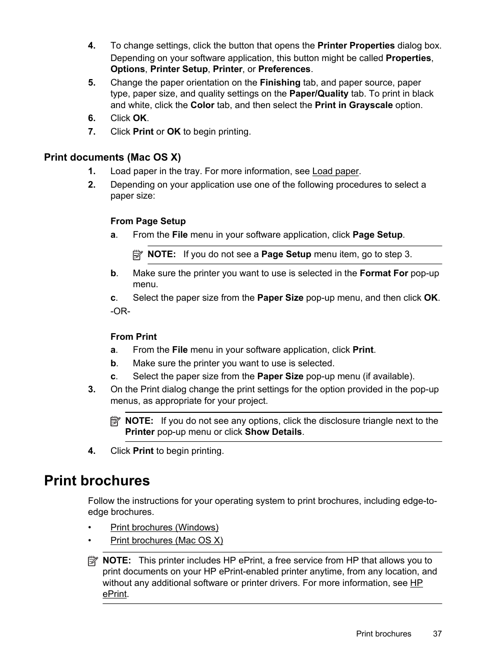 Print documents (mac os x), Print brochures | HP Officejet Pro 276dw Multifunction Printer series User Manual | Page 41 / 260