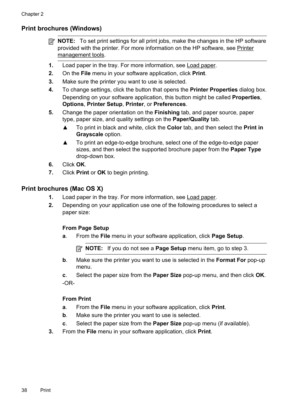 Print brochures (windows), Print brochures (mac os x) | HP Officejet Pro 276dw Multifunction Printer series User Manual | Page 42 / 260