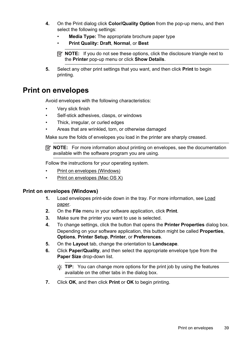 Print on envelopes, Print on envelopes (windows) | HP Officejet Pro 276dw Multifunction Printer series User Manual | Page 43 / 260