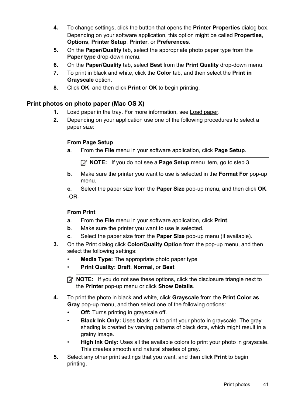Print photos on photo paper (mac os x) | HP Officejet Pro 276dw Multifunction Printer series User Manual | Page 45 / 260