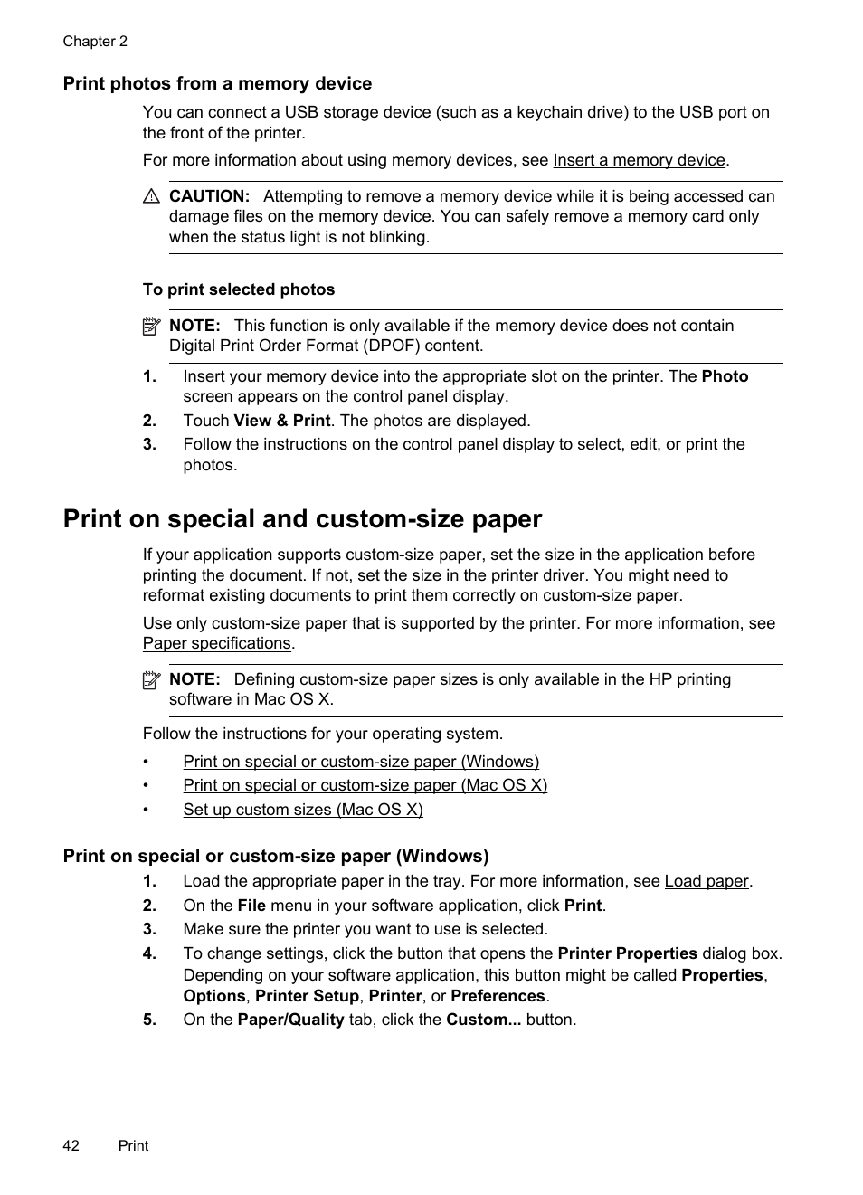 Print photos from a memory device, Print on special and custom-size paper, Print on special or custom-size paper (windows) | HP Officejet Pro 276dw Multifunction Printer series User Manual | Page 46 / 260