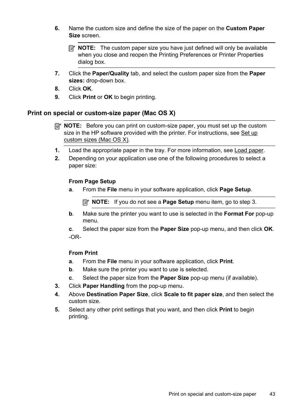 Print on special or custom-size paper (mac os x) | HP Officejet Pro 276dw Multifunction Printer series User Manual | Page 47 / 260