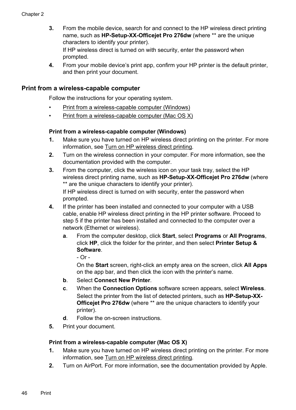 Print from a wireless-capable computer, Print from a wireless-capable computer (windows), Print from a wireless-capable computer (mac os x) | HP Officejet Pro 276dw Multifunction Printer series User Manual | Page 50 / 260