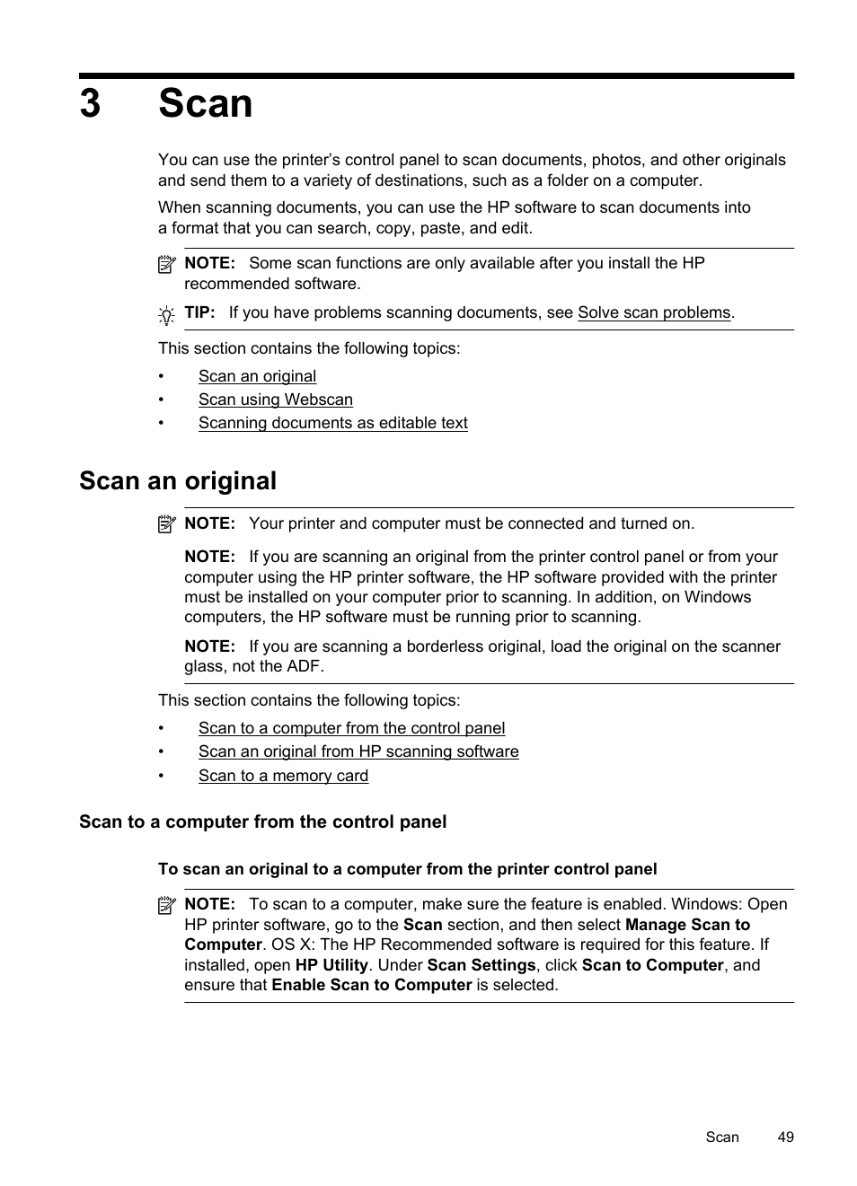 Scan, Scan an original, Scan to a computer from the control panel | 3scan | HP Officejet Pro 276dw Multifunction Printer series User Manual | Page 53 / 260