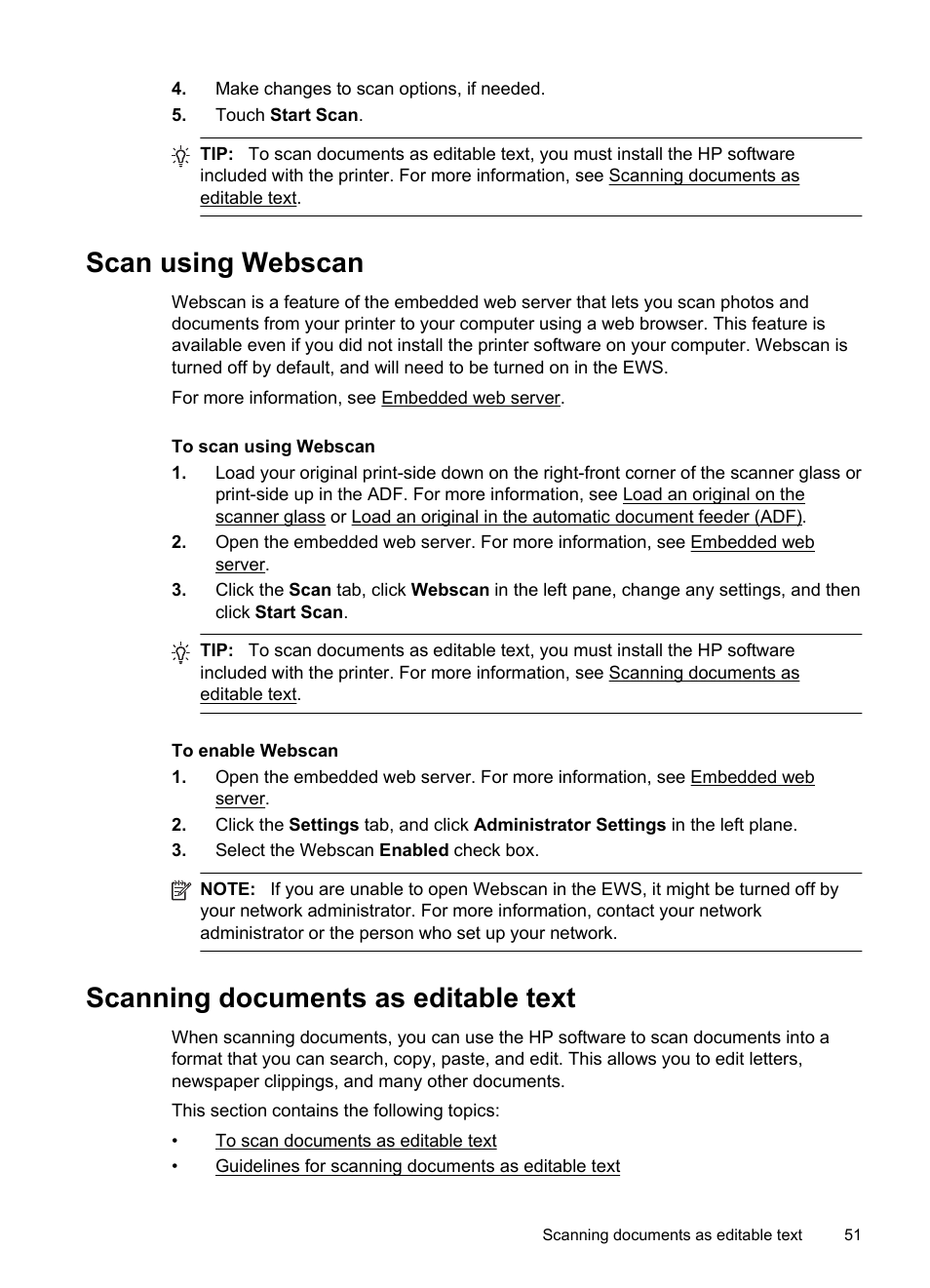 Scan using webscan, Scanning documents as editable text | HP Officejet Pro 276dw Multifunction Printer series User Manual | Page 55 / 260