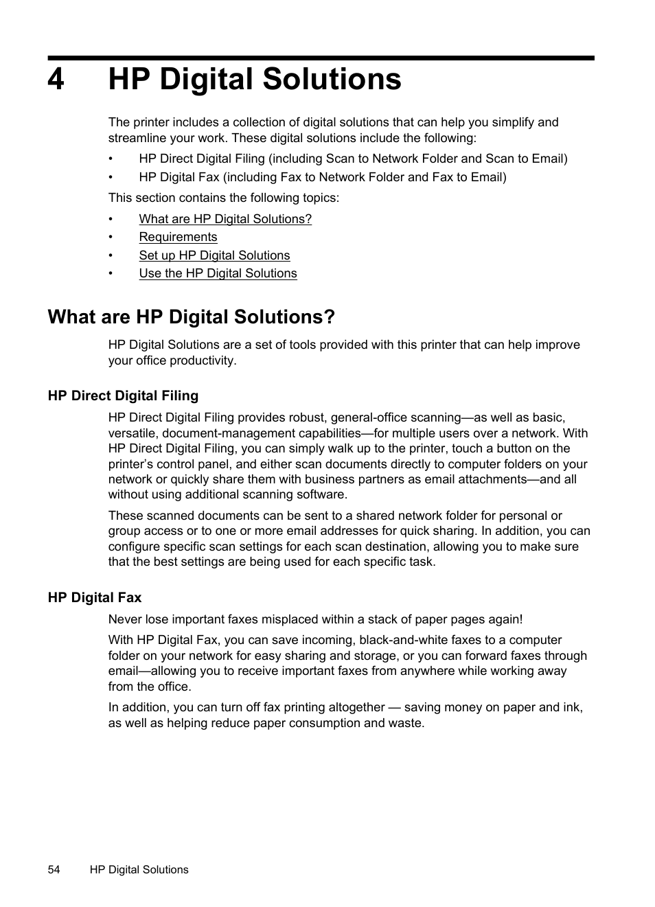 Hp digital solutions, What are hp digital solutions, Hp direct digital filing | Hp digital fax, Hp direct digital filing hp digital fax, 4hp digital solutions | HP Officejet Pro 276dw Multifunction Printer series User Manual | Page 58 / 260