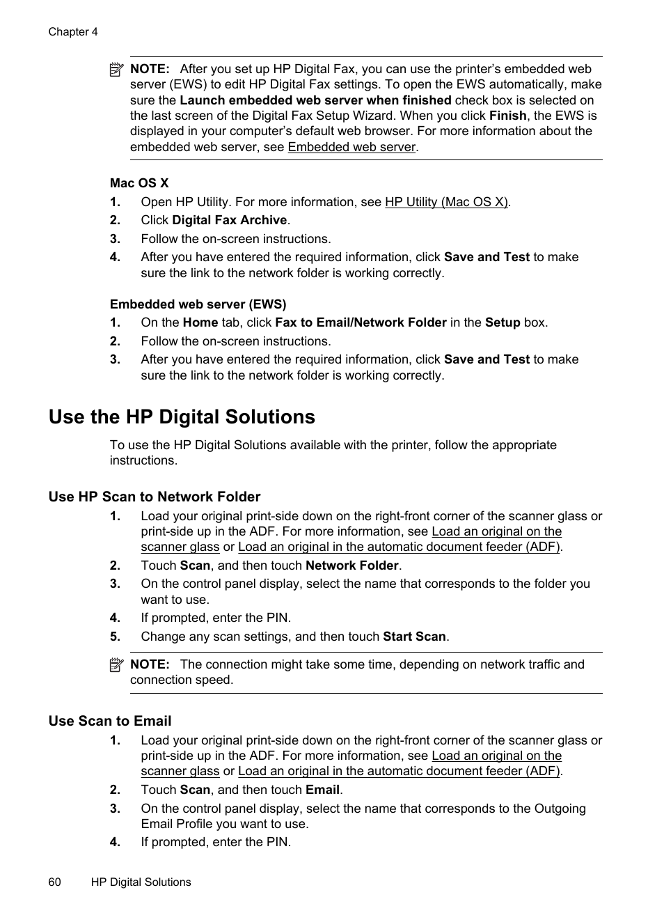 Use the hp digital solutions, Use hp scan to network folder, Use scan to email | HP Officejet Pro 276dw Multifunction Printer series User Manual | Page 64 / 260