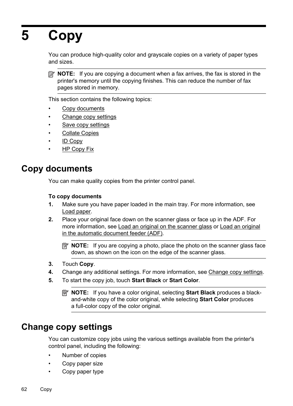 Copy, Copy documents, Change copy settings | Copy documents change copy settings, 5copy | HP Officejet Pro 276dw Multifunction Printer series User Manual | Page 66 / 260
