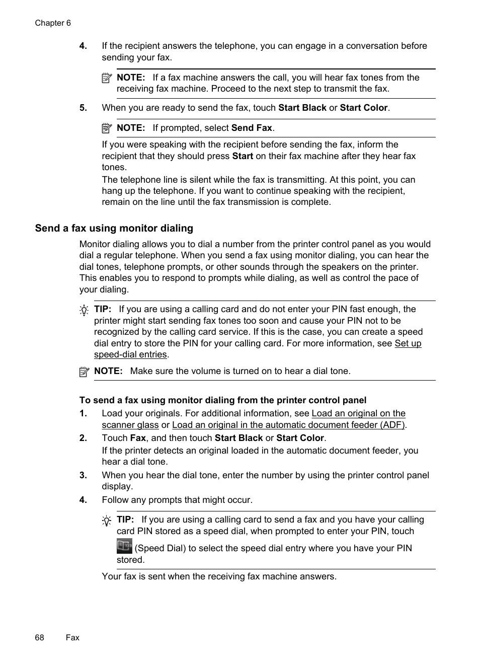 Send a fax using monitor dialing | HP Officejet Pro 276dw Multifunction Printer series User Manual | Page 72 / 260