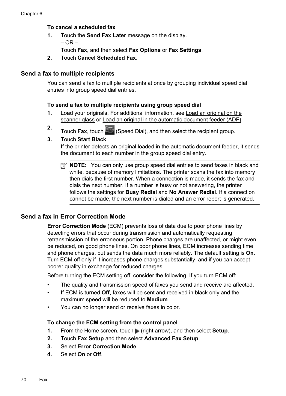 Send a fax to multiple recipients, Send a fax in error correction mode | HP Officejet Pro 276dw Multifunction Printer series User Manual | Page 74 / 260