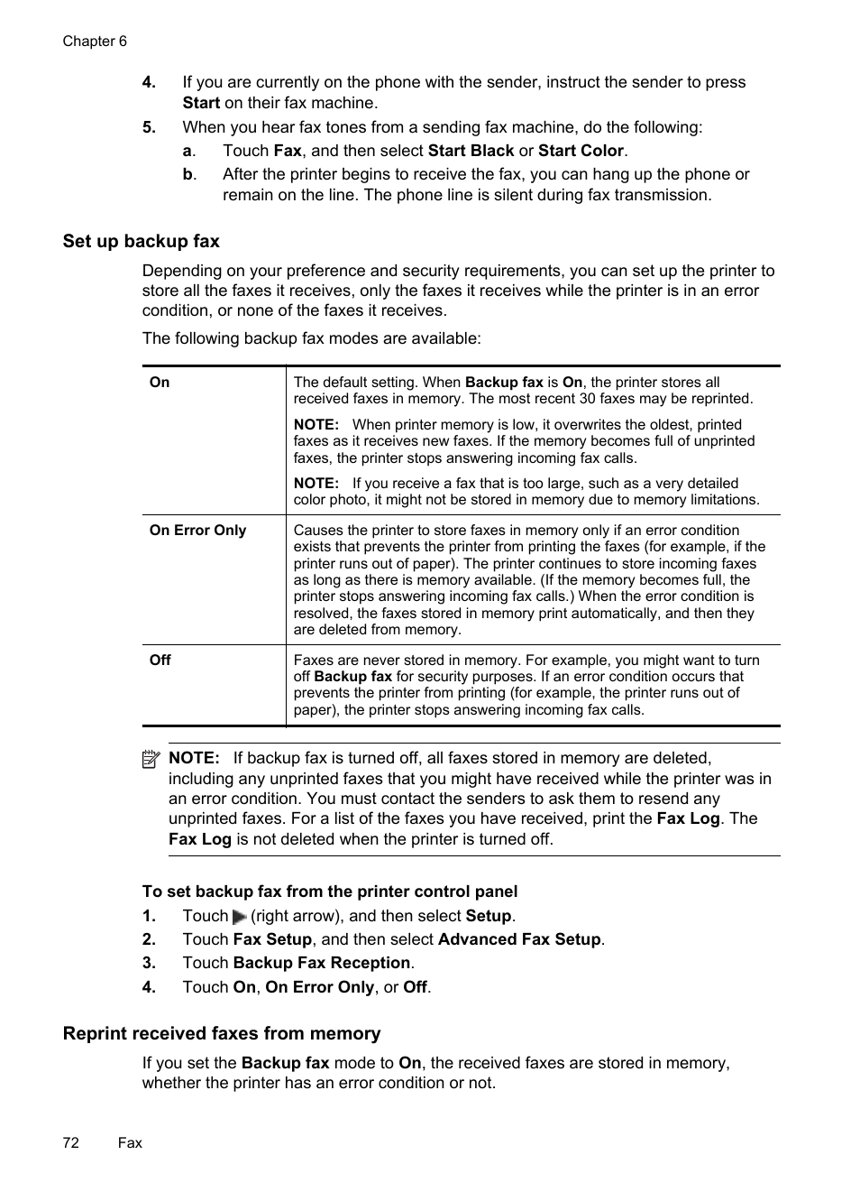 Set up backup fax, Reprint received faxes from memory | HP Officejet Pro 276dw Multifunction Printer series User Manual | Page 76 / 260