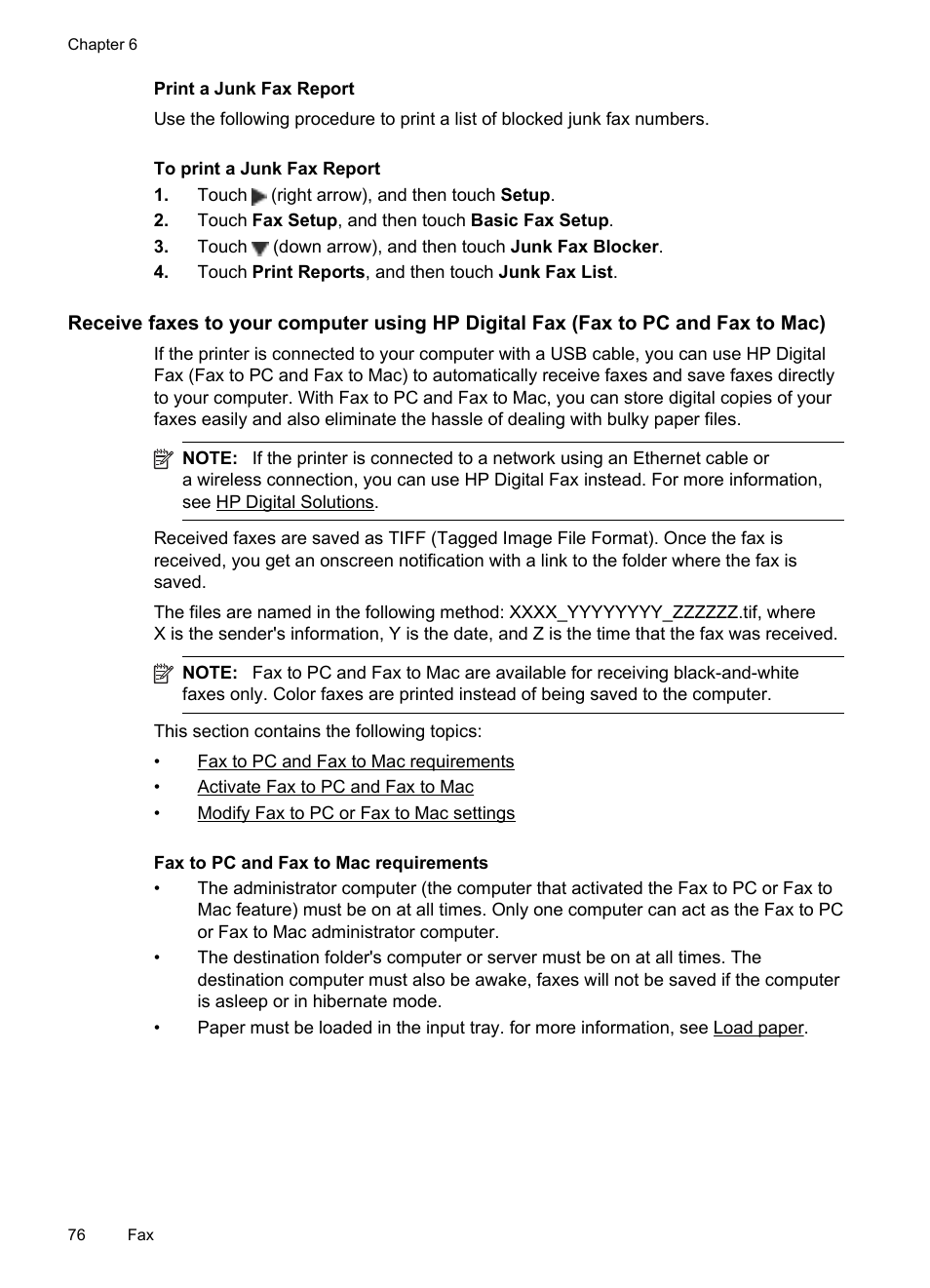 Print a junk fax report, Fax to pc and fax to mac requirements | HP Officejet Pro 276dw Multifunction Printer series User Manual | Page 80 / 260